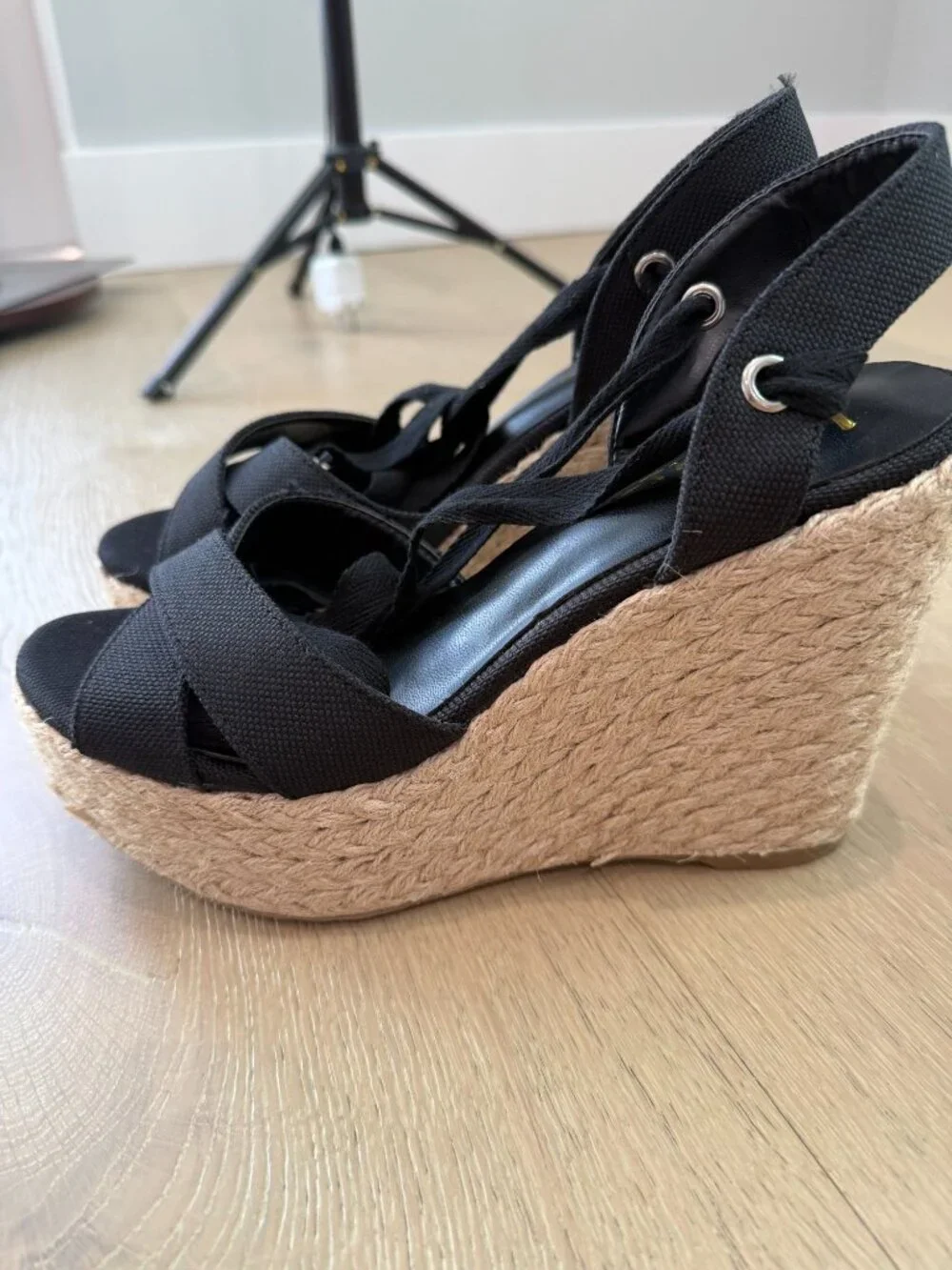 Lulus Esme Black Lace-Up Espadrille Wedges. size 9